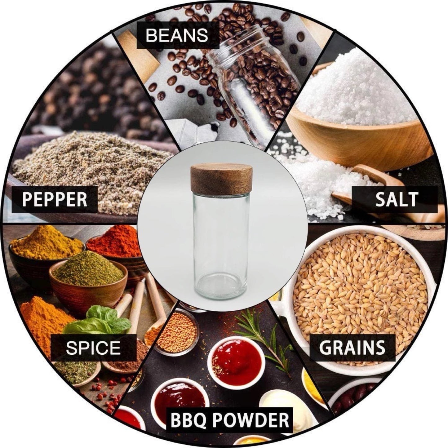 Zentral im Bild ist ein leeres Gewürzglas mit einem Acaziedeckel, umgeben von einem Kreis, der verschiedene Lebensmittelzutaten wie Bohnen, Pfeffer, Salz, Getreide und BBQ-Gewürz in separaten Segmenten zeigt, die die Vielseitigkeit des Glases für die Aufbewahrung einer breiten Palette von Küchenzutaten hervorheben.