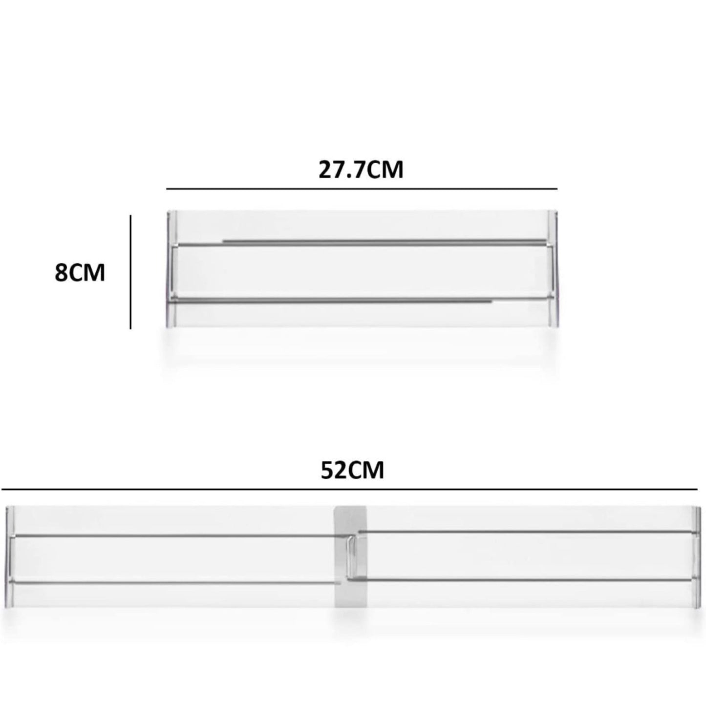 Abbildung zweier transparenter, ausziehbarer Schubladenteiler mit Maßangaben. Der obere Teil ist kompakter und misst 27,7 cm in der Länge und 8 cm in der Höhe. Der untere Teil ist größer und ausziehbar bis zu 52 cm in der Länge bei gleicher Höhe. Diese Grafik zeigt die Dimensionen der Schubladenteiler, die zur individuellen Anpassung der Schubladenorganisation dienen.
