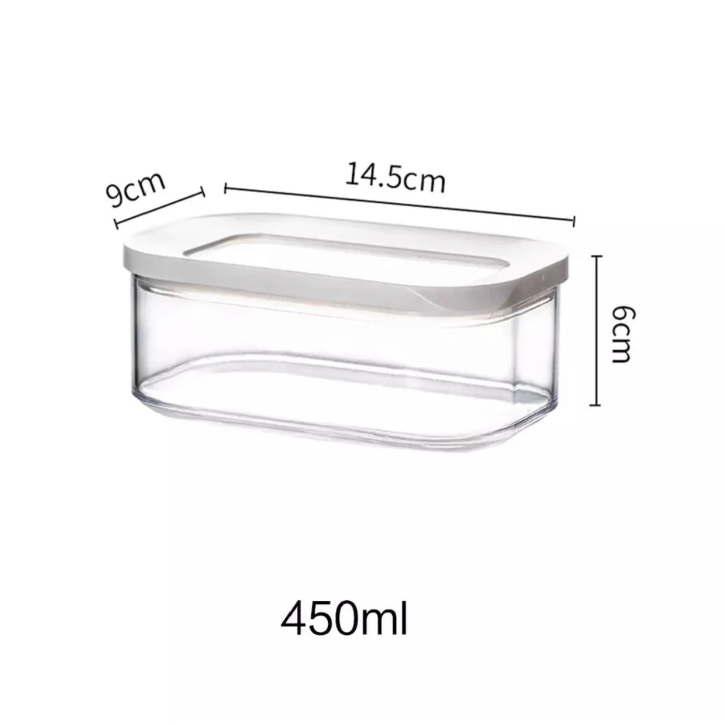 Kleine, transparente Vorratsdose mit einem Fassungsvermögen von 450 ml, Maße: 9 cm Breite, 14,5 cm Länge und 6 cm Höhe. Der Deckel ist weiß und schließt sicher. Ideal für die Aufbewahrung von Gewürzen oder kleinen Snacks und sorgt für eine übersichtliche und praktische Küchenorganisation.