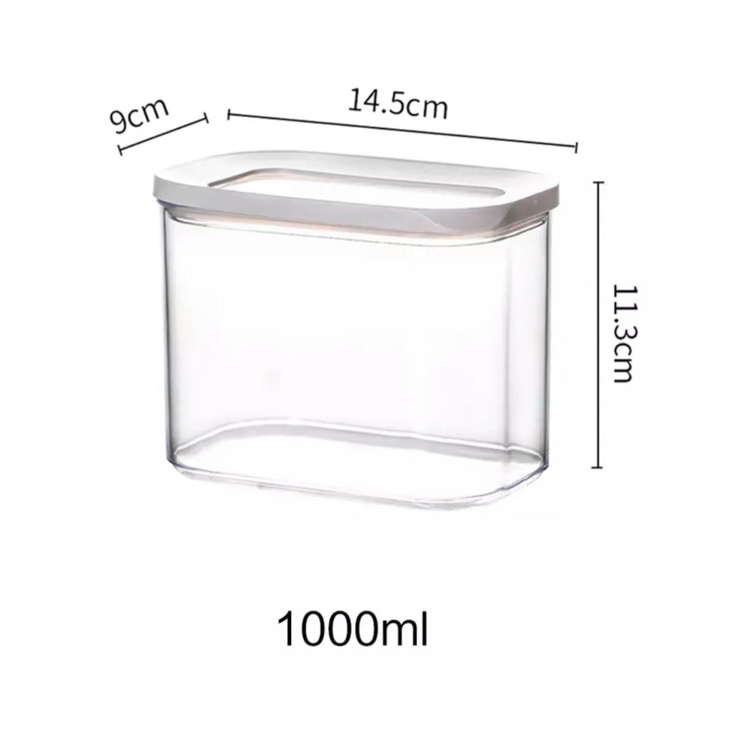 Transparente Vorratsdose mit einem Fassungsvermögen von 1000 ml, Maße: 9 cm Breite, 14,5 cm Länge und 11,3 cm Höhe. Der Deckel ist weiß und schließt sicher, um den Inhalt frisch zu halten. Ideal für die Aufbewahrung von kleineren Mengen Trockenlebensmitteln und zur platzsparenden Organisation in der Küche.