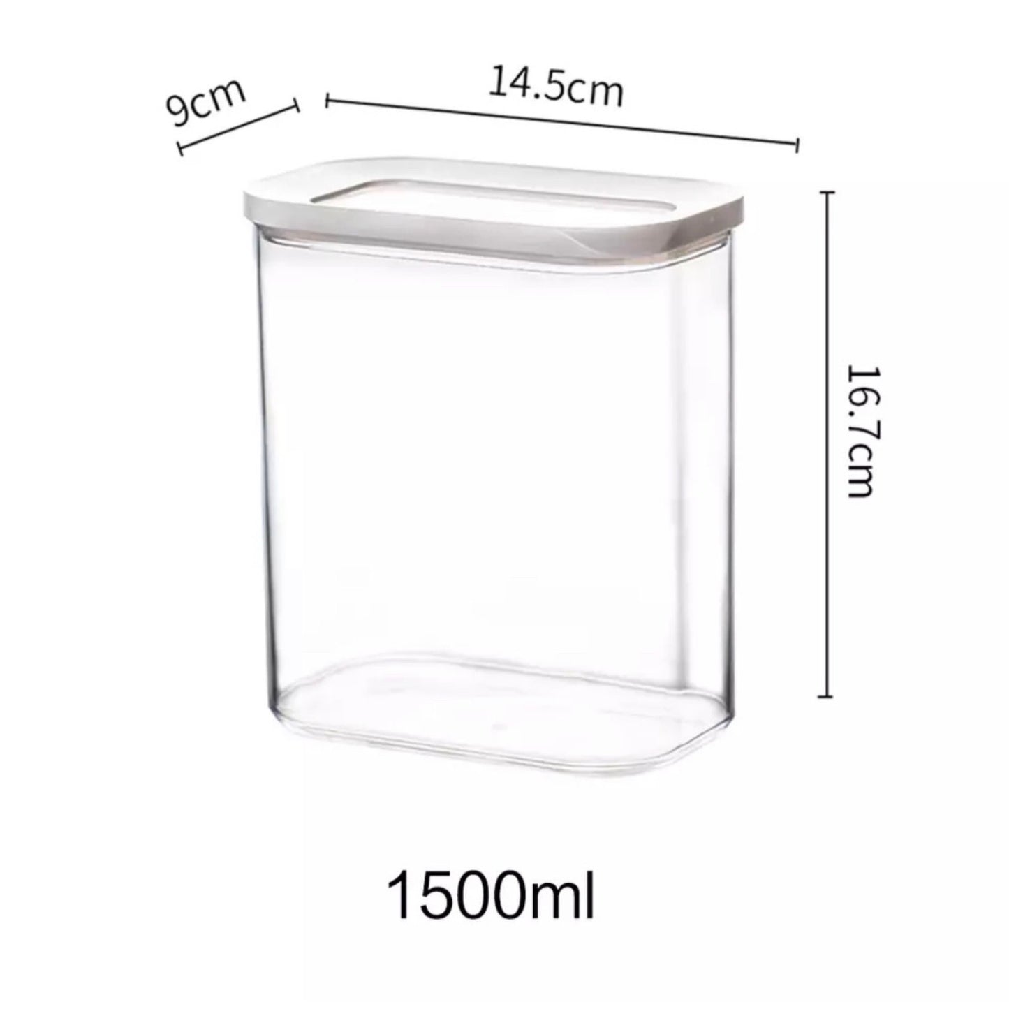 Transparente Vorratsdose mit einem Fassungsvermögen von 1500 ml, Maße: 9 cm Breite, 14,5 cm Länge und 16,91 cm Höhe. Der Deckel ist weiß und schließt sicher, um den Inhalt frisch zu halten. Ideal für die Aufbewahrung von Trockenlebensmitteln und zur übersichtlichen Organisation in der Küche.