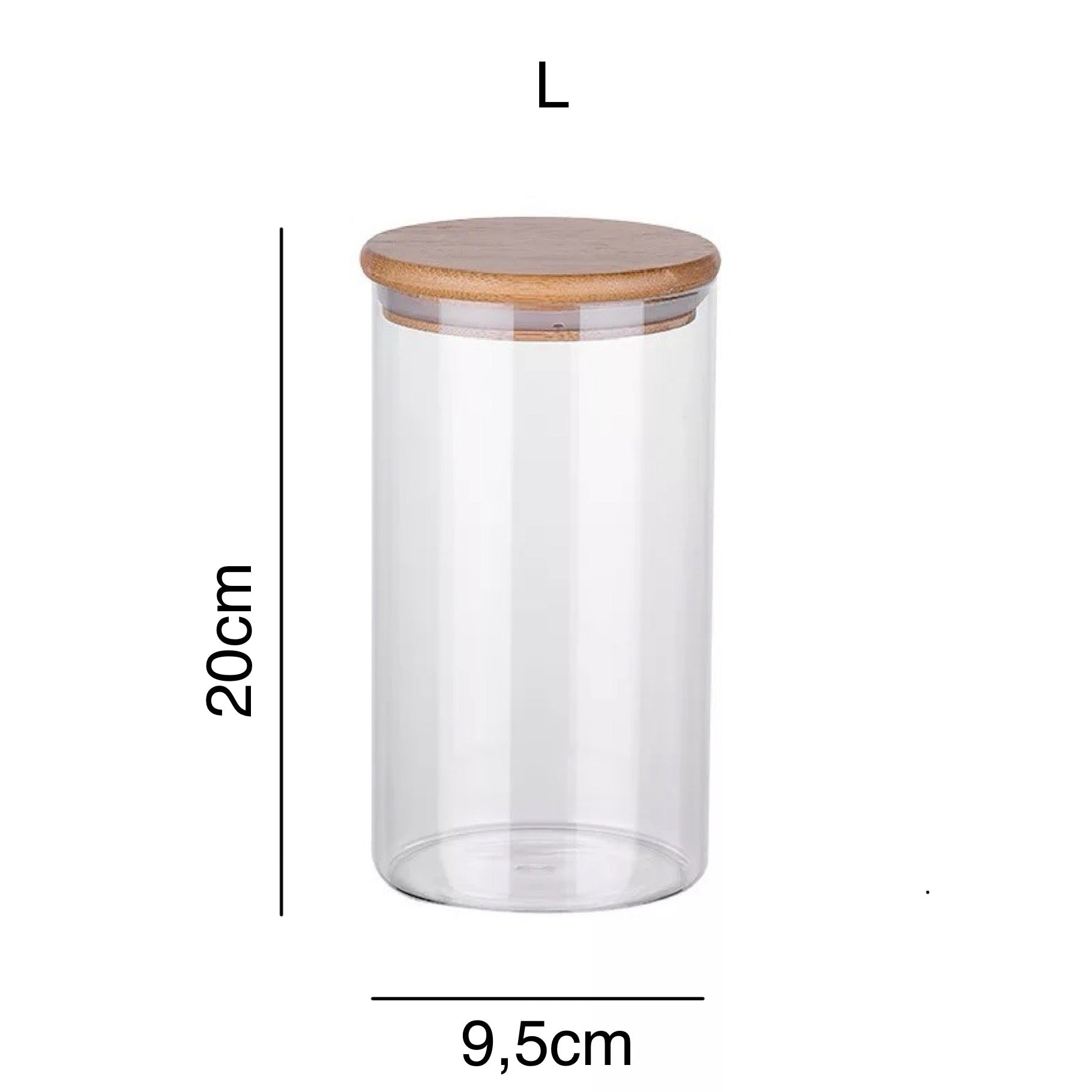 Ein einzelnes transparentes Vorratsglas mit Maßangaben, das eine Höhe von 20 cm und einen Durchmesser von 9,5 cm aufweist. Das Glas hat einen eleganten, flachen Bambusdeckel, der einen natürlichen Kontrast zur klaren Glasstruktur bietet. Ideal für die übersichtliche Aufbewahrung von Küchenzutaten oder kleinen Haushaltsgegenständen.
