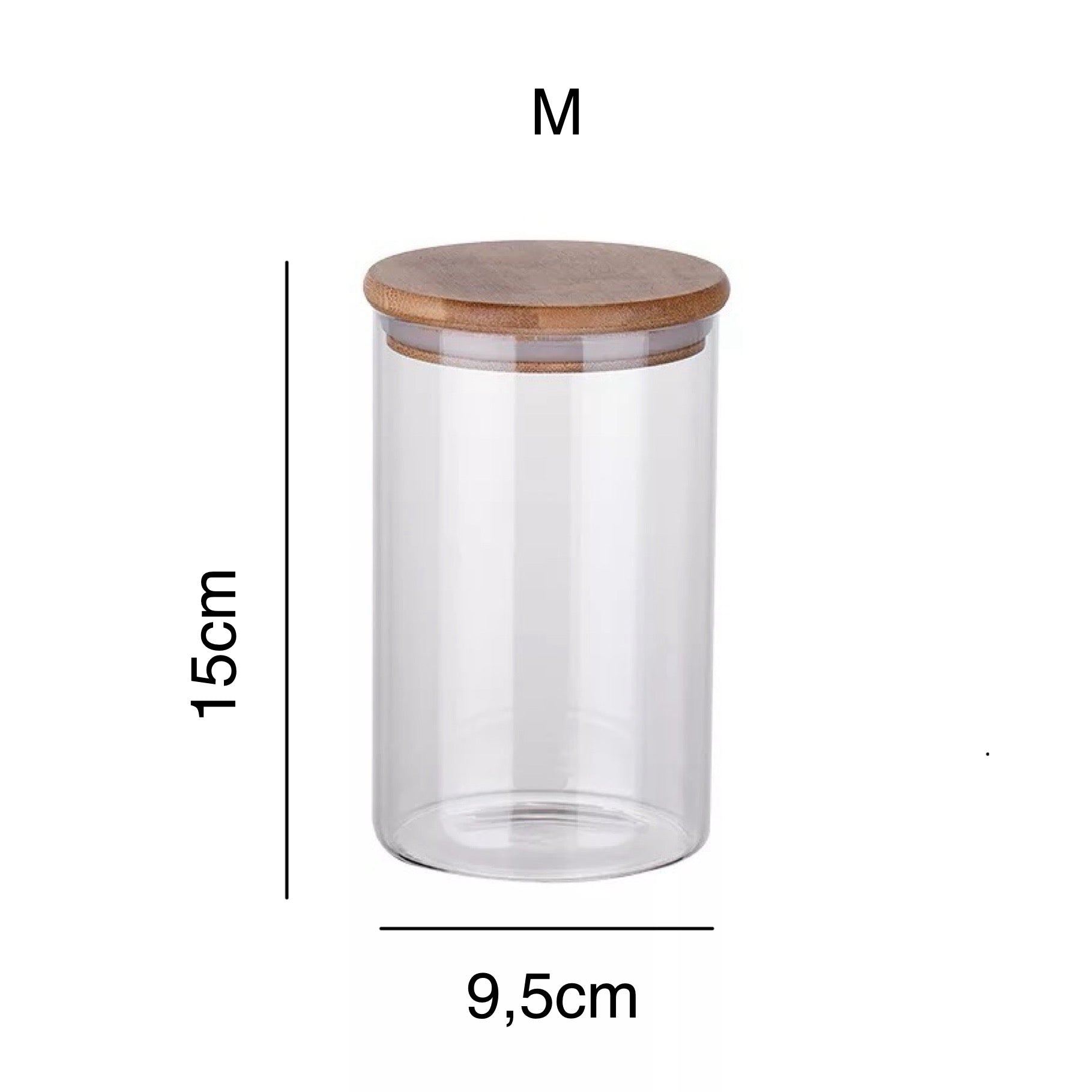 Ein mittelgroßes transparentes Vorratsglas mit den Maßen 15 cm Höhe und 9,5 cm Durchmesser. Es verfügt über einen robusten Bambusdeckel, der sicher und stilvoll verschließt. Dieses Glas eignet sich ideal für die Aufbewahrung von Nahrungsmitteln oder kleinen Gegenständen in einer klaren und ansprechenden Weise.