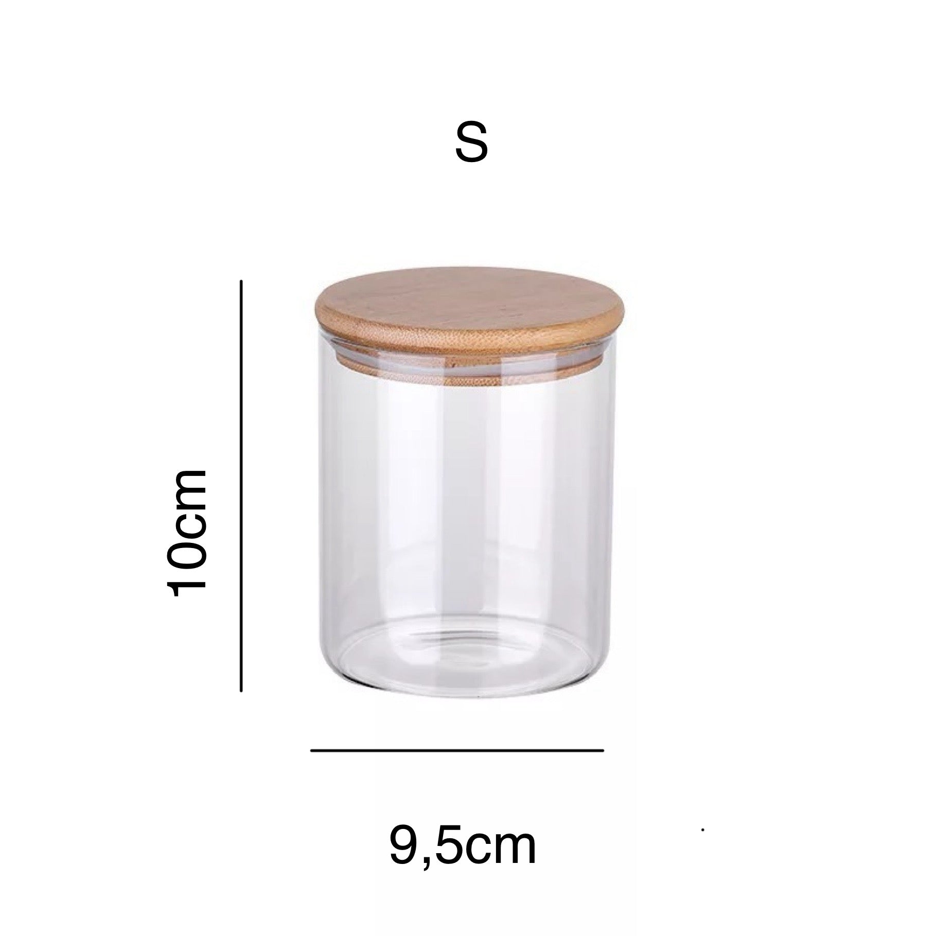 Ein kleines transparentes Vorratsglas mit den Maßen 10 cm Höhe und 9,5 cm Durchmesser, gekrönt von einem glatten Bambusdeckel. Dieses Glas ist ideal für die platzsparende und sichtbare Aufbewahrung von kleinen Küchenzutaten oder Bürobedarf und fügt sich nahtlos in jede moderne oder traditionelle Einrichtung ein.