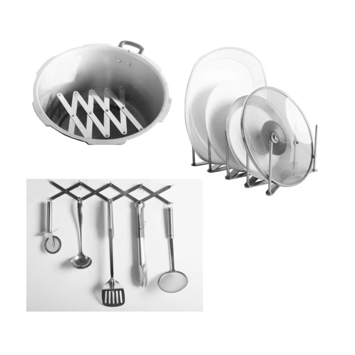 Set aus Küchenorganizern: Ein umkehrbarer Topfdeckelhalter, der in einem Topf liegt und auch als Dampfgareinsatz dienen kann, ein Edelstahl-Deckelhalter für verschiedene Deckelgrößen und eine Wandhalterung mit Küchenutensilien an Haken.