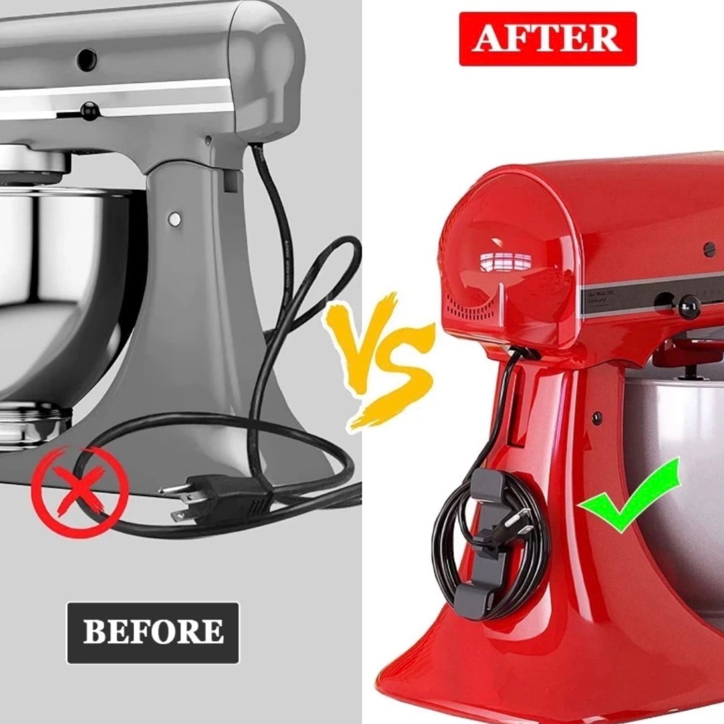 Das Bild stellt einen Vorher-Nachher-Vergleich von Standmixern dar. Links zeigt es einen Mixer in Grau mit einem ungeordneten Kabel ohne Kabelhalterung, gekennzeichnet mit einem roten ‘X’ für ‘Before’. Rechts sieht man einen roten Mixer, dessen Kabel sauber mit einem Kabelhalter an der Seite befestigt ist, markiert mit einem grünen ‘Haken’ für ‘After’. Dies illustriert die Effektivität der Kabelhalterung zur Verbesserung der Kabelorganisation.