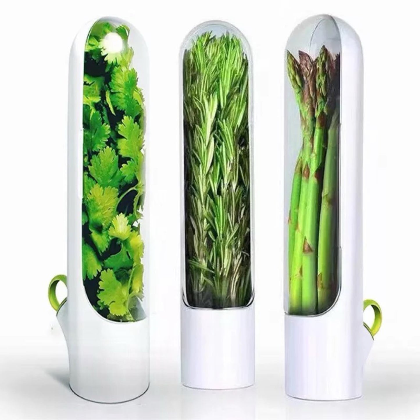 Set von drei Kräuter-Frischhaltebechern in schlankem, weißem Design, jeweils gefüllt mit frischen Kräutern: Koriander, Rosmarin und Spargel. Diese innovativen Behälter sind für die optimale Lagerung im Kühlschrank konzipiert, mit durchsichtigen Röhren, die die Inhalte sichtbar und leicht zugänglich halten, während die Frische durch eine spezielle Feuchtigkeitsregelung erhalten bleibt.