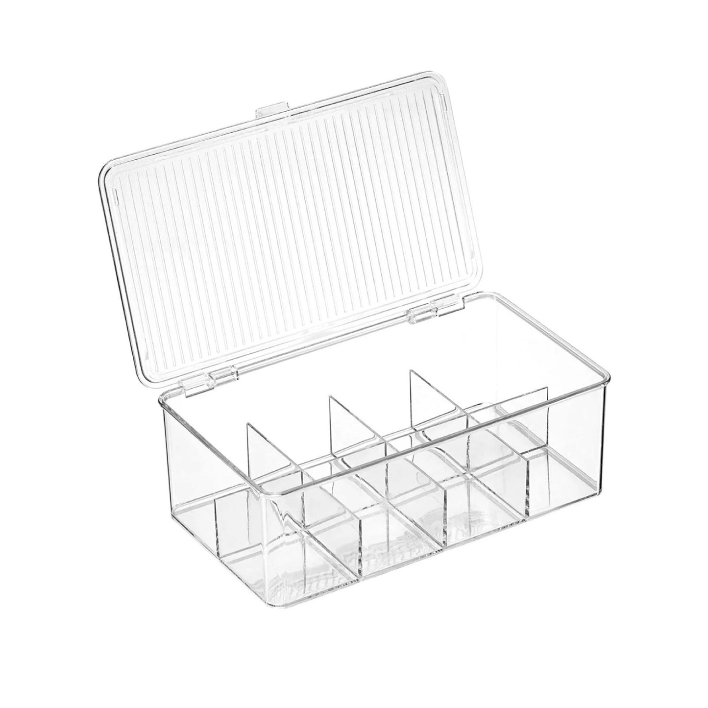 Leere, durchsichtige Aufbewahrungsbox aus Kunststoff mit einem offenen Deckel, die in verschiedene Fächer unterteilt ist. Ideal für die Organisation von kleinen Gegenständen, die übersichtlich und griffbereit aufbewahrt werden sollen.