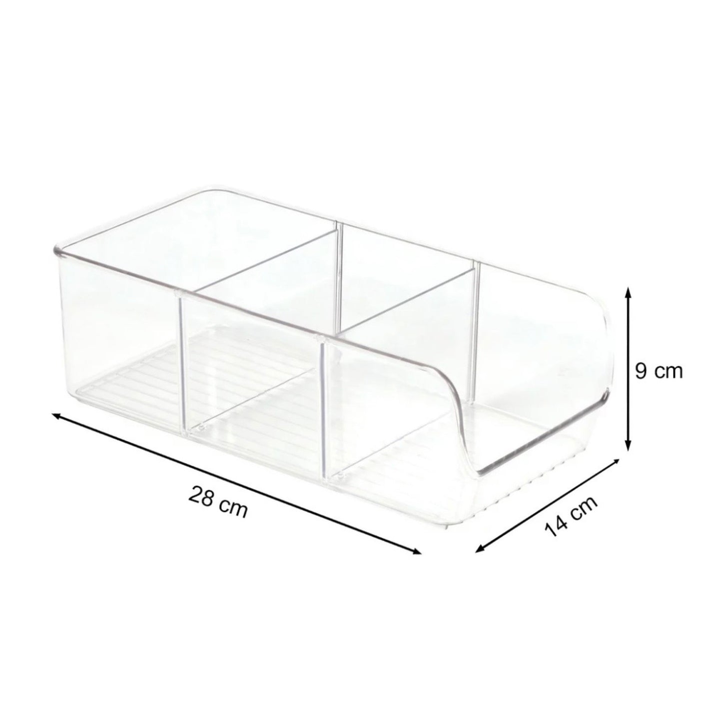 Transparenter iDesign Acryl-Aufbewahrungsbehälter mit Maßangaben: Länge 28 cm, Höhe 9 cm, Breite 14 cm. Der Behälter hat drei Fächer, eine geriffelte Bodenfläche und bietet eine klare und strukturierte Aufbewahrungsmöglichkeit für verschiedene Gegenstände.