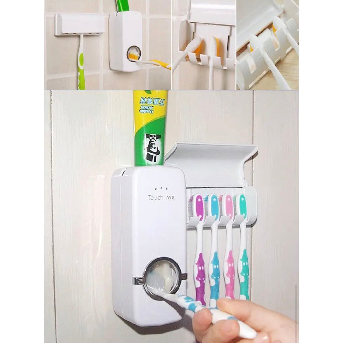 Dieses Bild zeigt einen Zahnpastaspender mit Zahnbürstenhalter in Aktion. Der praktische Spender, der an der Wand montiert ist, hat eine Zahnpastatube oben platziert, die problemlos aus dem Spender gedrückt werden kann. Der Spender hält mehrere Zahnbürsten sicher und hygienisch. Eine Person drückt eine Zahnbürste gegen den Spender, um Zahnpasta zu entnehmen, was zeigt, wie einfach dieser zu bedienen ist.
