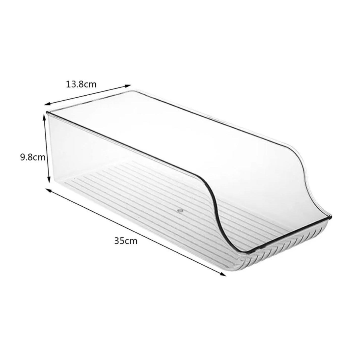 Leerer, transparenter Dosenhalter mit den Maßen 35 cm Länge, 13.8 cm Höhe und 9.8 cm Tiefe, abgebildet auf weißem Hintergrund, mit einer gerillten Bodenfläche für Rutschfestigkeit.