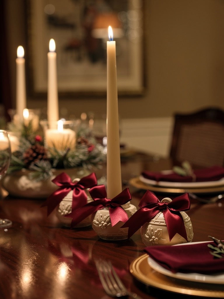 Elegantes 3er-Set Weihnachtskerzenhalter mit roten Schleifen, handgefertigt und stilvoll als festliche Tischdekoration arrangiert