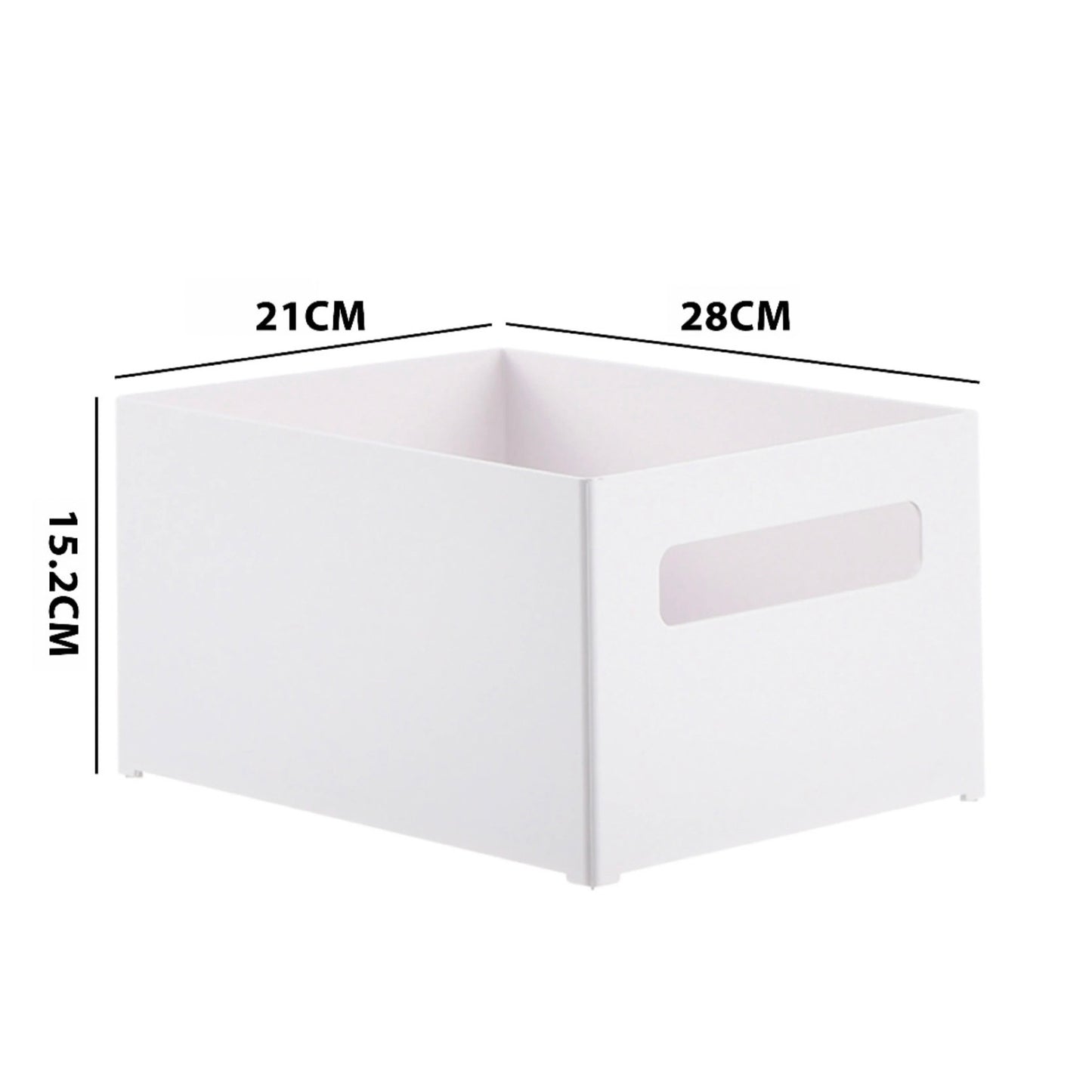 Weiße, stapelbare Aufbewahrungsbox mit den Maßen 28 cm Breite, 21 cm Tiefe und 15,2 cm Höhe. Die Box verfügt über einen Griff für einfaches Handling. Das schlichte Design eignet sich für ein minimalistisches Organisationskonzept in verschiedenen Räumlichkeiten.