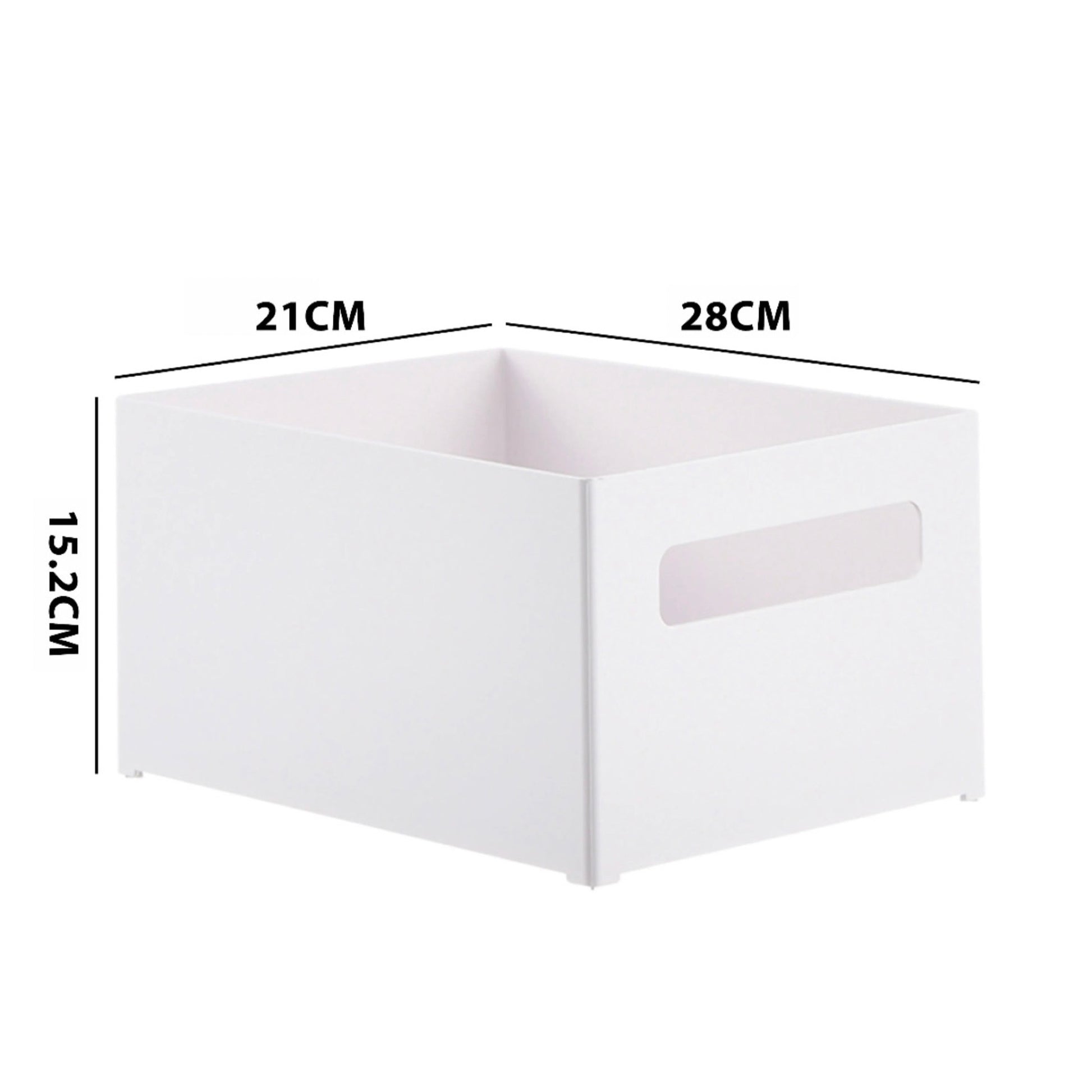 Weiße, stapelbare Aufbewahrungsbox mit den Maßen 28 cm Breite, 21 cm Tiefe und 15,2 cm Höhe. Die Box verfügt über einen Griff für einfaches Handling. Das schlichte Design eignet sich für ein minimalistisches Organisationskonzept in verschiedenen Räumlichkeiten.