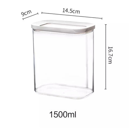 Transparente Vorratsdose mit einem Fassungsvermögen von 1500 ml, Maße: 9 cm Breite, 14,5 cm Länge und 16,91 cm Höhe. Der Deckel ist weiß und schließt sicher, um den Inhalt frisch zu halten. Ideal für die Aufbewahrung von Trockenlebensmitteln und zur übersichtlichen Organisation in der Küche.