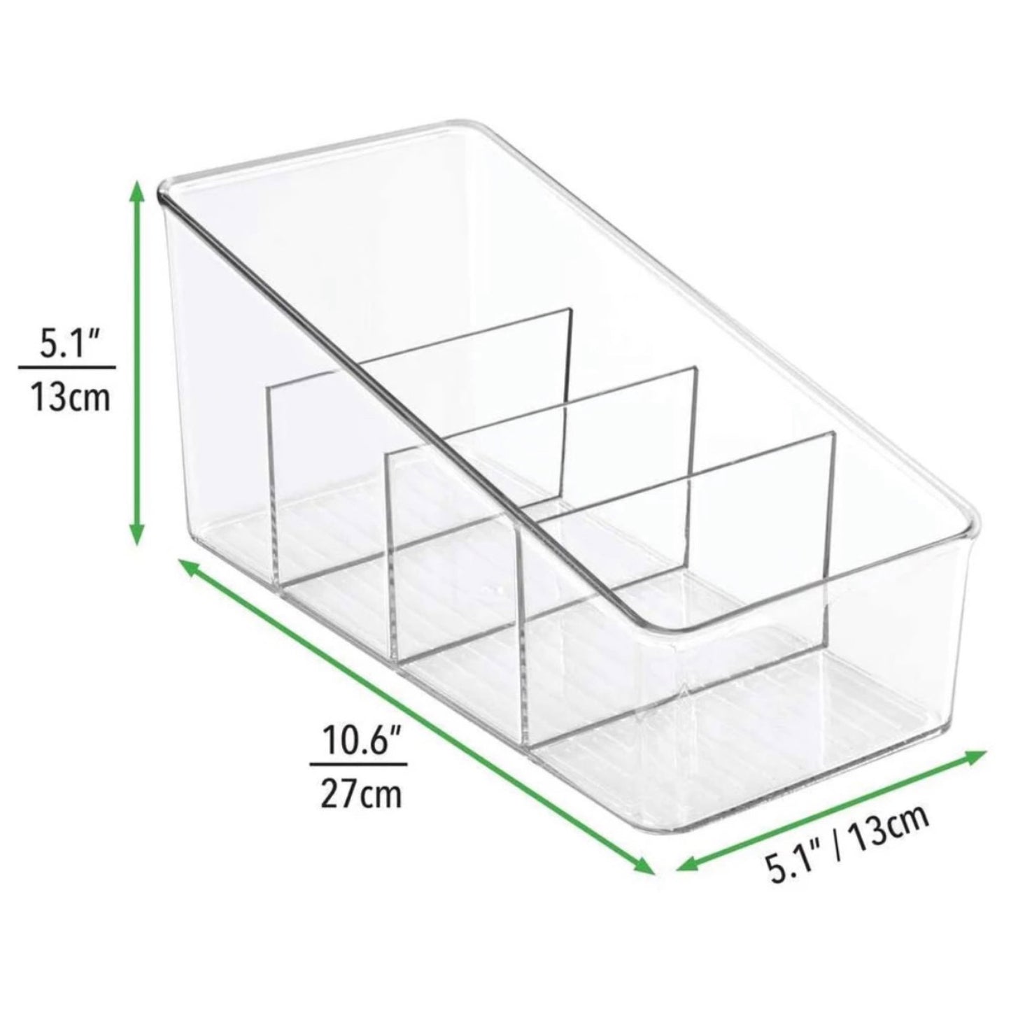 Das Bild zeigt einen transparenten Kunststoff-Organizer von iDesign mit den Abmessungen 27 cm in der Breite, 13 cm in der Höhe und 13 cm in der Tiefe. Der Organizer hat vier Fächer und ist leer, sodass die klaren Linien und das einfache Design erkennbar sind. Ideal für die Organisation von kleinen Gegenständen in Küchen, Büros oder Schränken, wo Ordnung und schneller Zugriff benötigt werden.