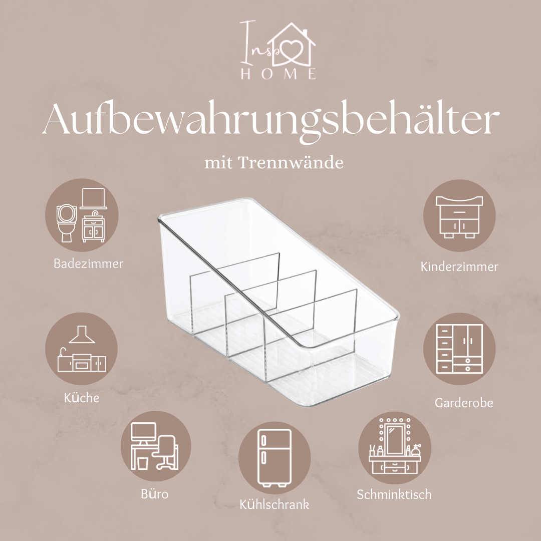 Transparenten Aufbewahrungsbehälters mit Trennwänden, umgeben von Symbolen für Badezimmer, Kinderzimmer, Küche, Büro, Kühlschrank, Garderobe und Schminktisch – ideal zur strukturierten Organisation in allen Wohnbereichen.