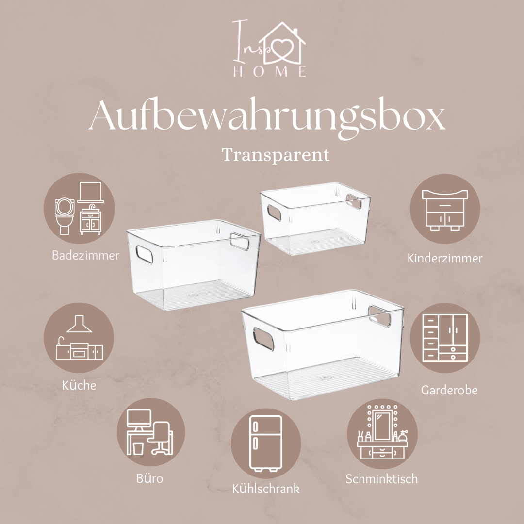 Grafik mit transparenten Aufbewahrungsboxen und Symbolen für verschiedene Einsatzbereiche wie Badezimmer, Kinderzimmer, Küche, Büro, Kühlschrank, Garderobe und Schminktisch – vielseitig einsetzbar zur ordentlichen Aufbewahrung.
