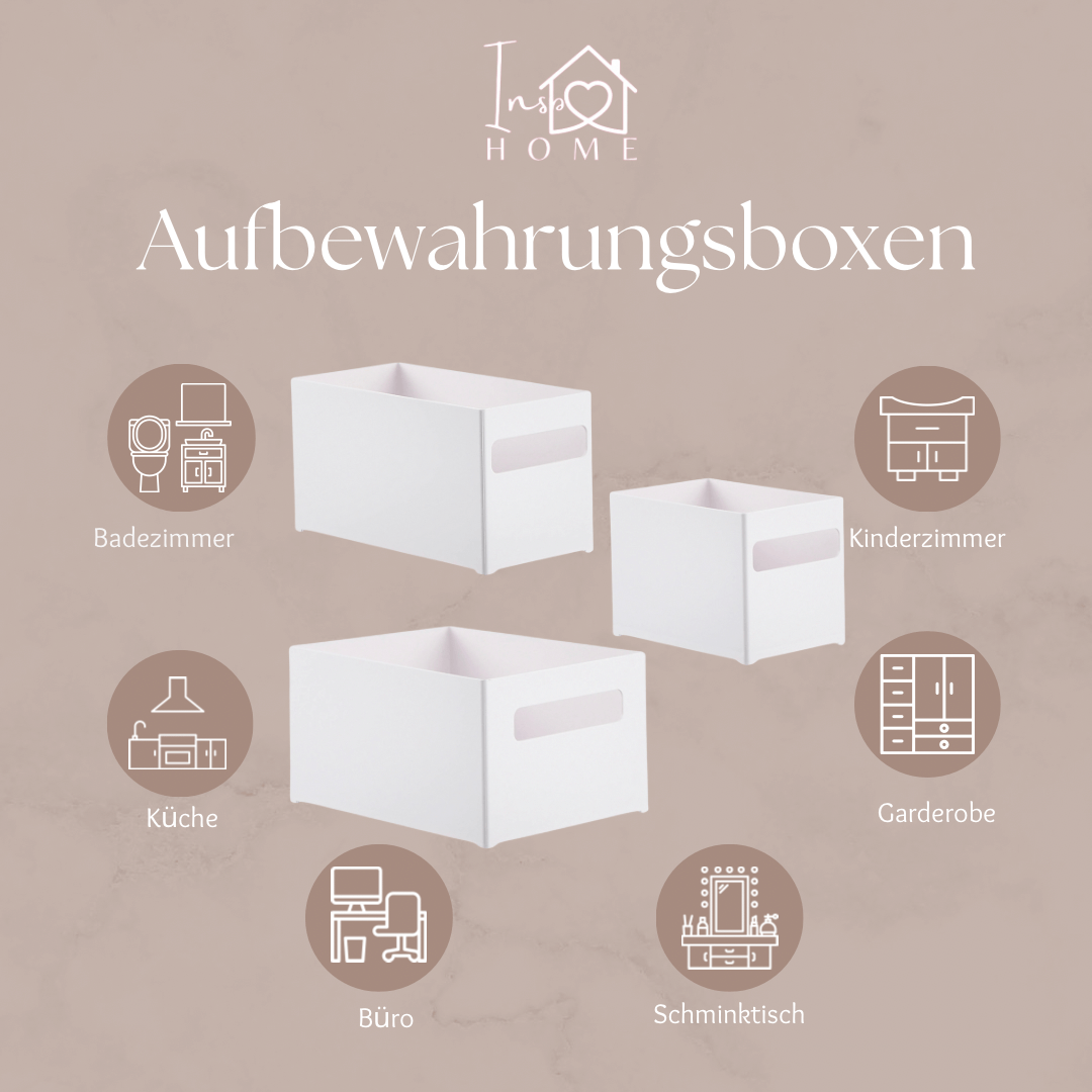 Illustration mit drei weißen Aufbewahrungsboxen und Symbolen für verschiedene Einsatzorte wie Badezimmer, Kinderzimmer, Küche, Büro, Garderobe und Schminktisch – praktische Lösungen zur Ordnung im gesamten Haushalt.