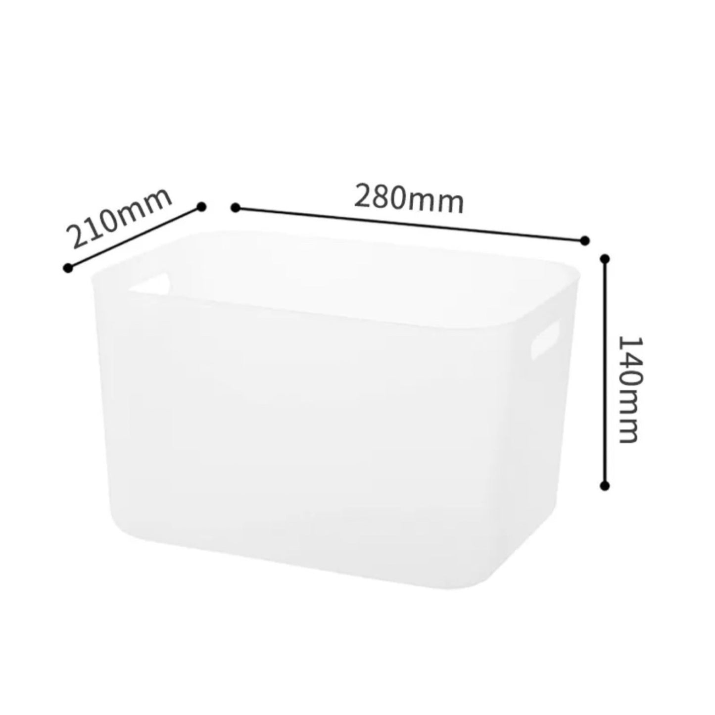 Weiße Aufbewahrungsbox mit Maßangaben. Die Länge beträgt 280 mm an der oberen Kante, die Breite 210 mm an der seitlichen Kante und die Höhe der Box ist 140 mm.