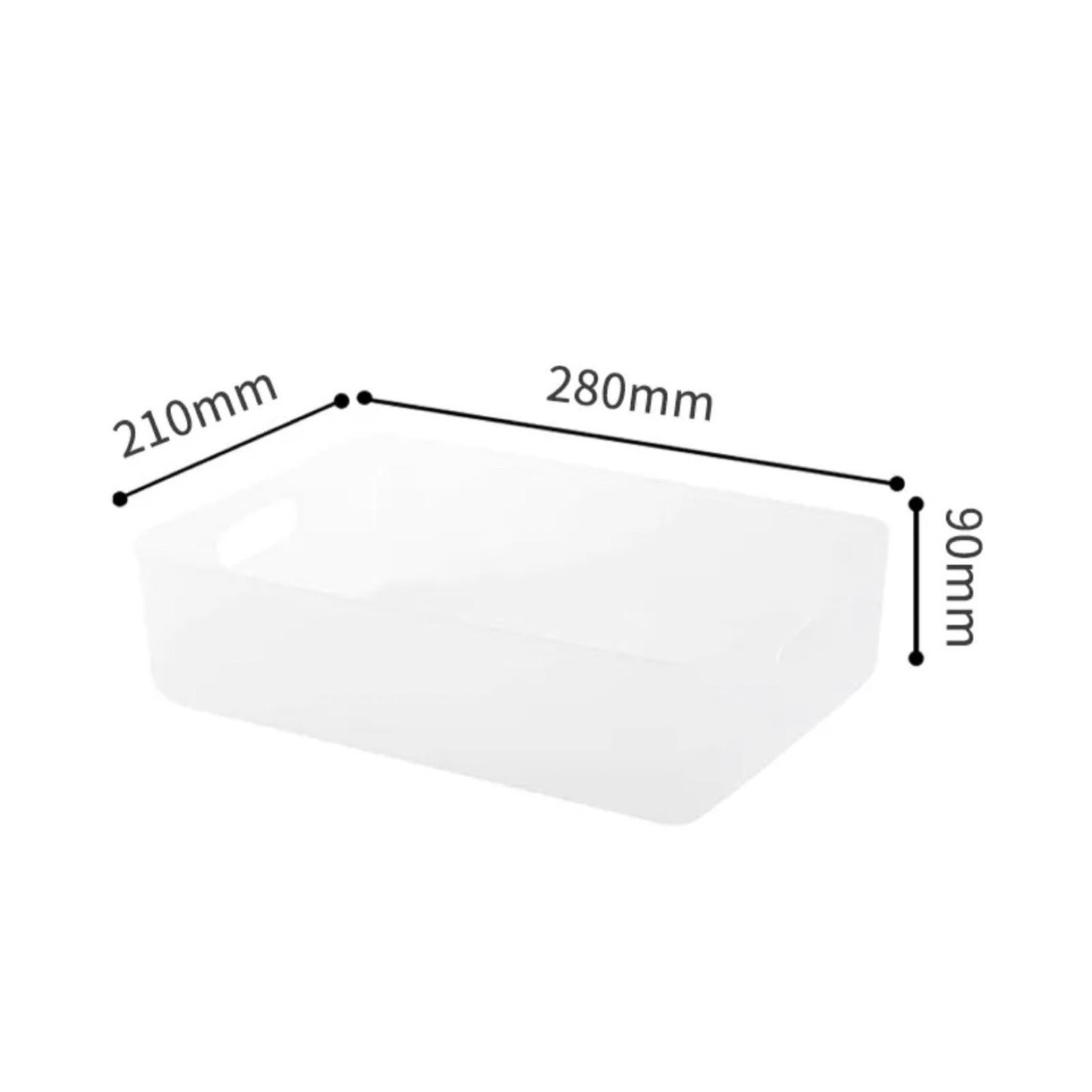 Weiße Aufbewahrungsbox mit Maßangaben. Die Länge beträgt 280 mm an der oberen Kante, die Breite 210 mm an der seitlichen Kante und die Höhe der Box ist 90 mm.