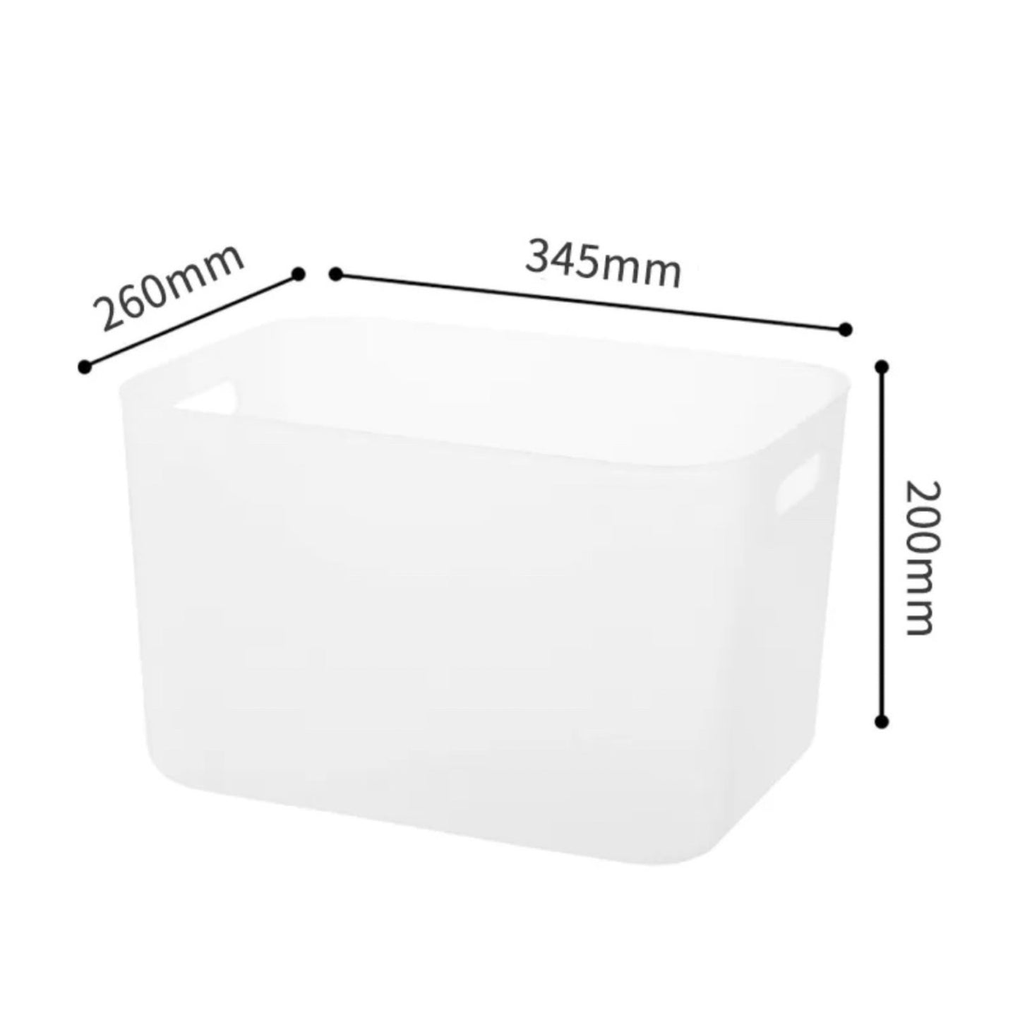 Weiße Aufbewahrungsbox mit beschrifteten Abmessungen. Länge 345 mm an der oberen Kante, Breite 260 mm an der Seitenkante und Höhe 200 mm