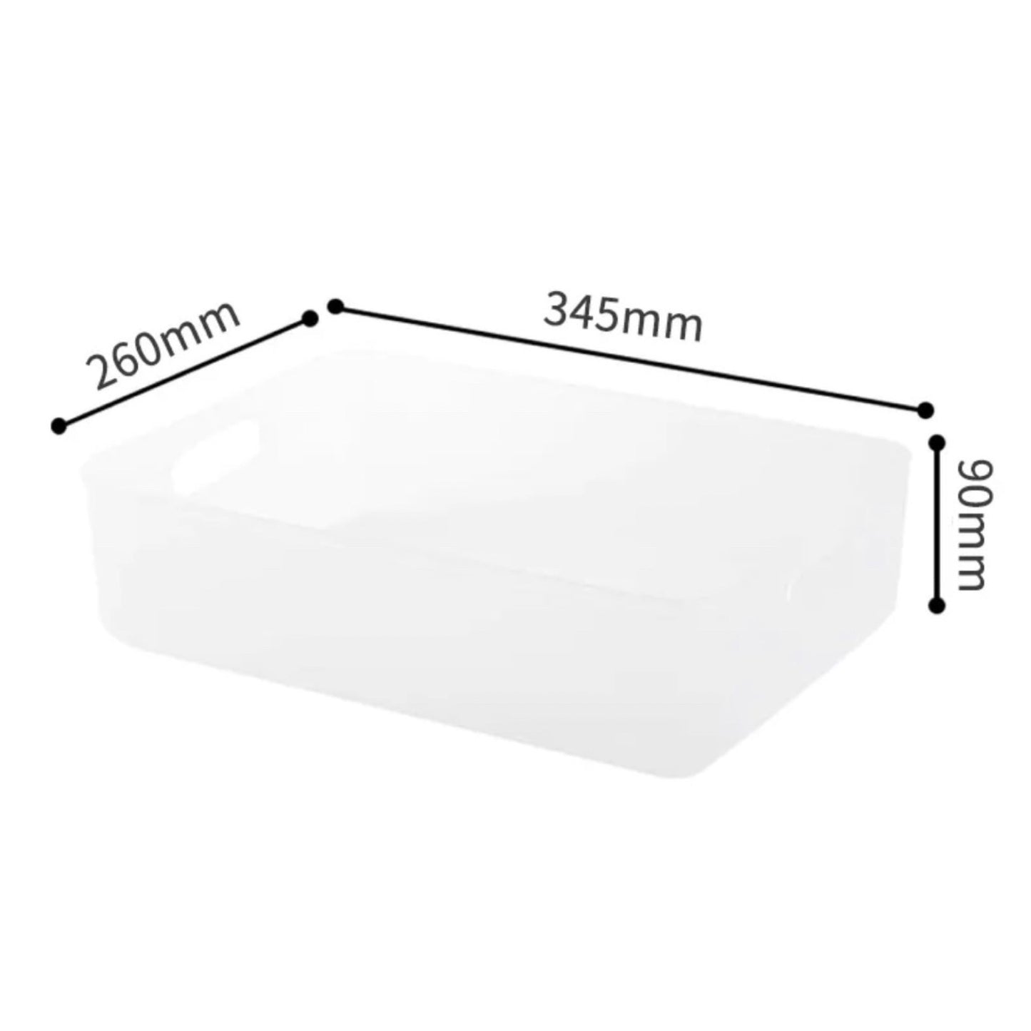 Weiße Aufbewahrungsbox mit Maßangaben. Die Länge beträgt 345 mm an der oberen Kante, die Breite 260 mm an der seitlichen Kante und die Höhe der Box ist 90 mm.