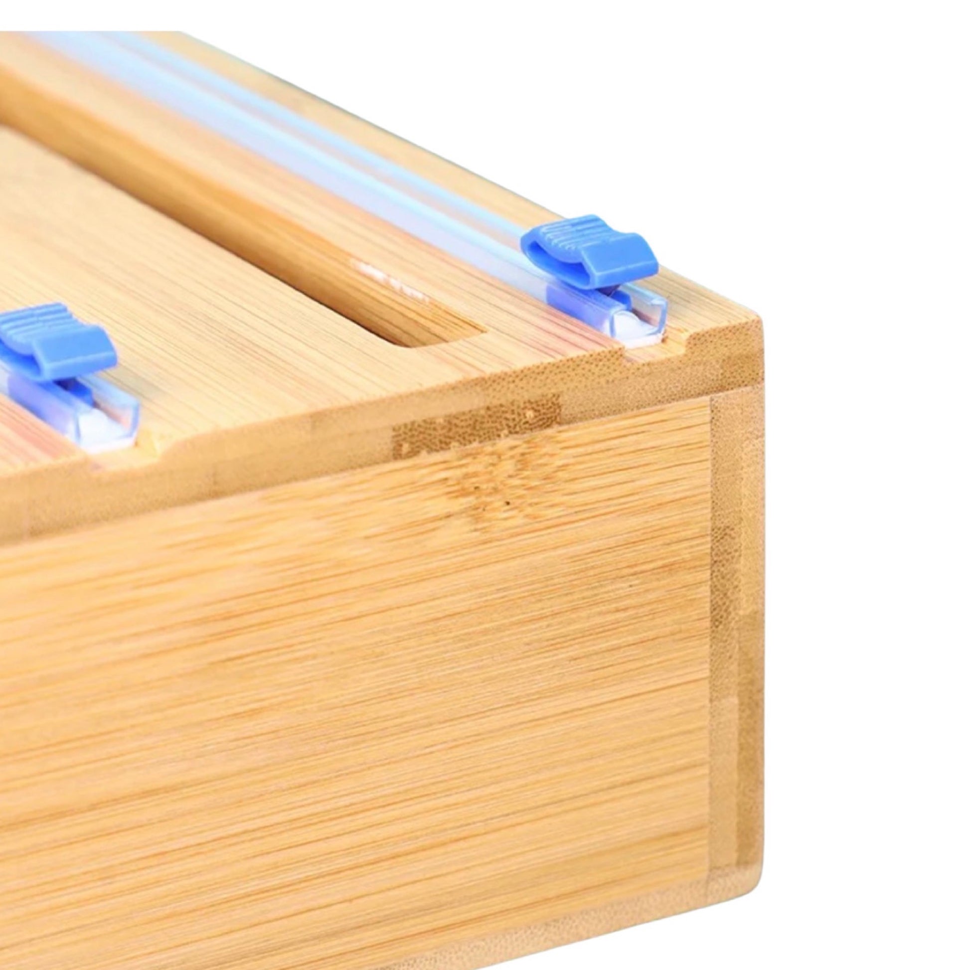 seiten sicht Folienspender aus Bambus,mit blauen Glieder