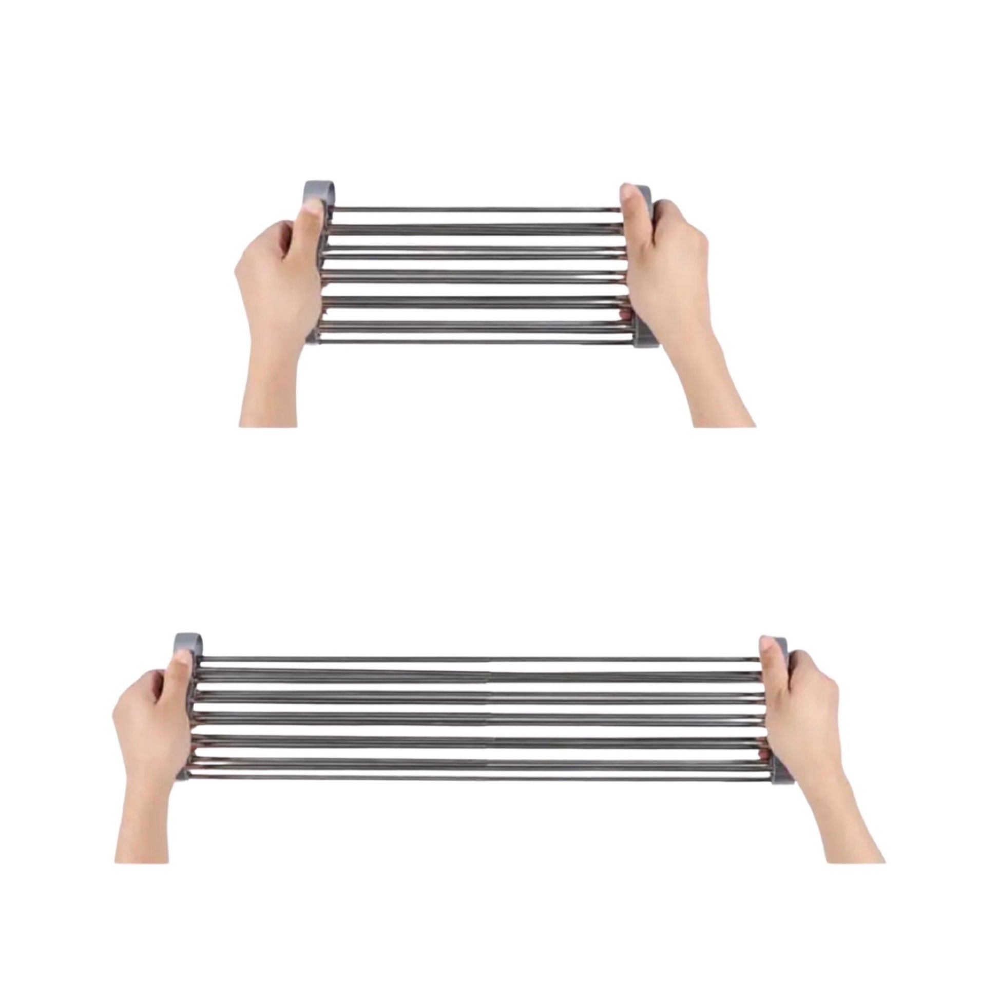 Zwei Hände zeigen das Zusammenziehen und Ausziehen eines flexiblen Abtropfgestells aus Edelstahl. Die obere Hälfte des Bildes zeigt das Gestell in kompakter Form, während die untere Hälfte es in voll ausgezogener Länge darstellt, was die Anpassungsfähigkeit an verschiedene Spülenbreiten verdeutlicht.