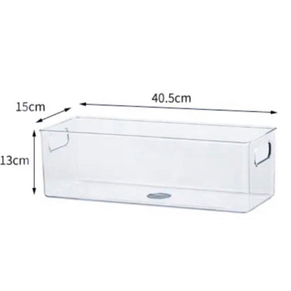 Technische Zeichnung einer länglichen transparenten Aufbewahrungsbox mit den Maßen 40,5 cm Länge, 15 cm Breite und 13 cm Höhe. Die Box hat seitliche Grifföffnungen und ist ideal für die Aufbewahrung von längeren Gegenständen oder für die Nutzung in schmalen Regalen und Schränken.