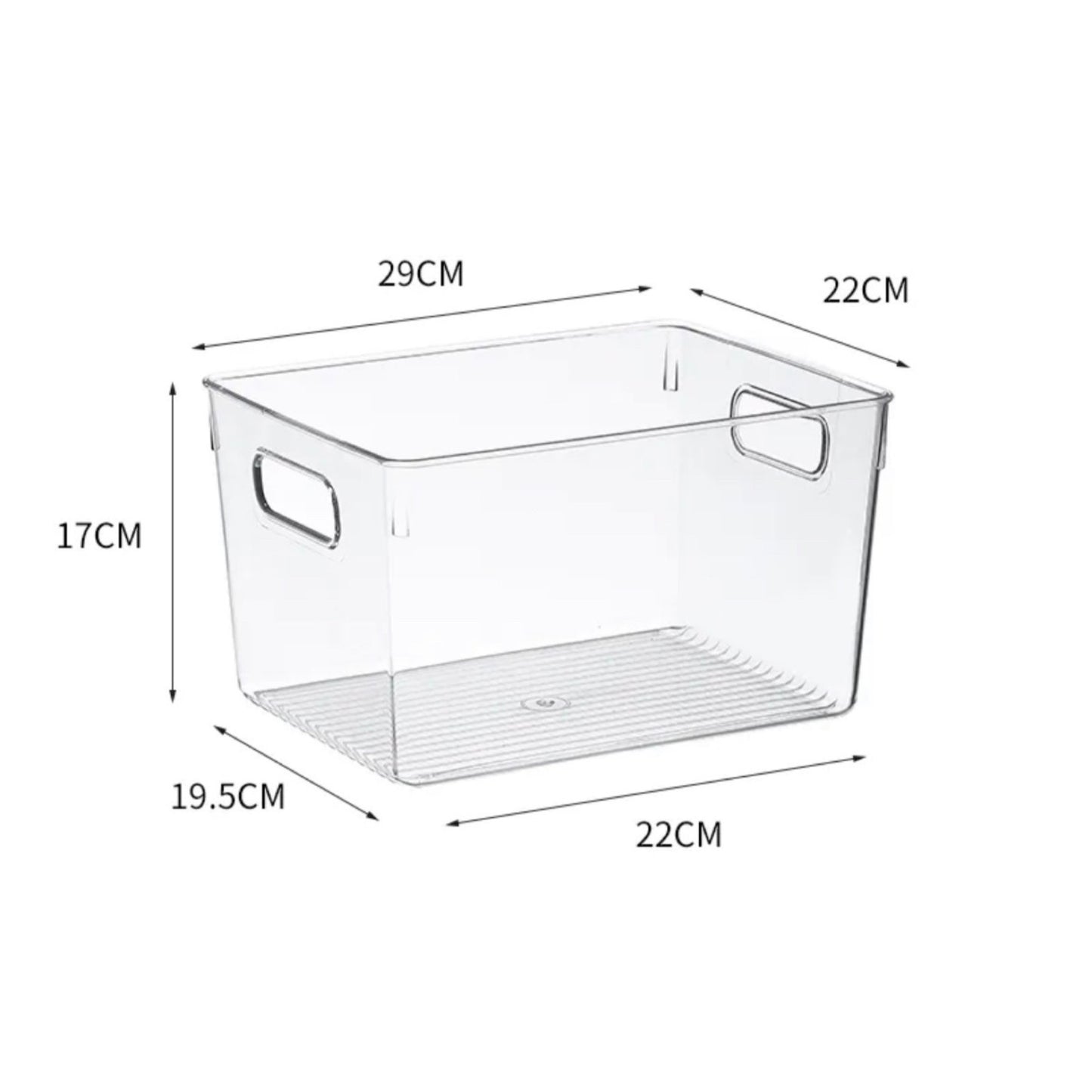 Eine technische Zeichnung einer transparenten Aufbewahrungsbox. Sie hat die Maße 29 cm in der Länge, 22 cm in der Breite und 17 cm in der Höhe, mit einer Bodenfläche von 19,5 cm x 22 cm. Die Box ist mit praktischen Seitengriffen ausgestattet und eignet sich zur platzsparenden Aufbewahrung von kleineren Gegenständen