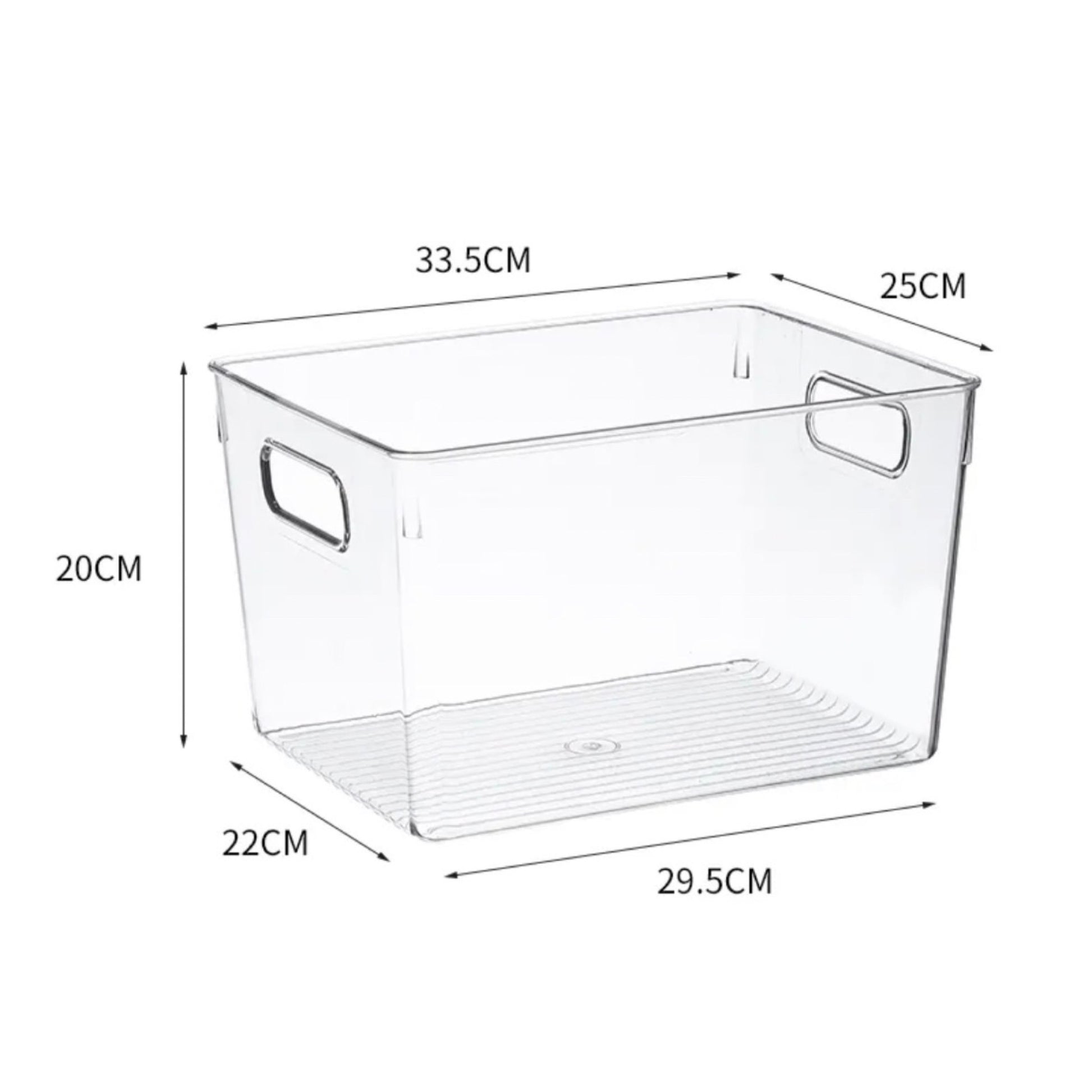 Technische Zeichnung einer transparenten Aufbewahrungsbox mit Maßangaben. Die Box ist 33,5 cm lang, 25 cm breit, 20 cm hoch und hat eine Bodenfläche von 22 cm x 29,5 cm. Sie verfügt über zwei Seitengriffe für leichtes Handling. Dieses Modell ist ideal für die Aufbewahrung von Gegenständen in einem übersichtlichen und zugänglichen Format.