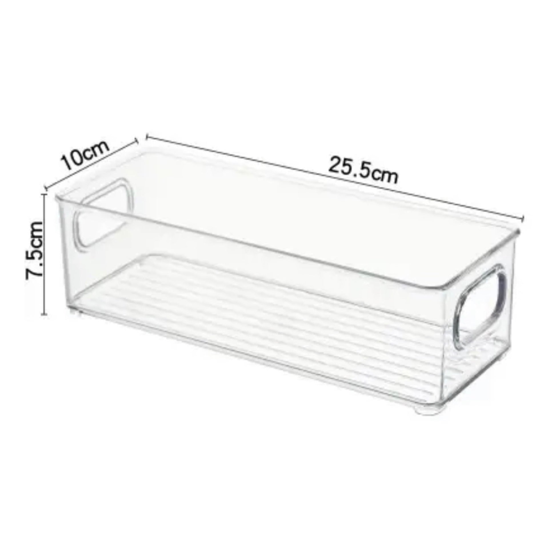 Eine schmale, transparente Aufbewahrungsbox, dargestellt mit Maßen: 25,5 cm Länge, 10 cm Breite und 7,5 cm Höhe. Die Box hat gerundete Griffe an den Enden und eignet sich ideal für die Aufbewahrung kleinerer Gegenstände oder als Organisationshilfe in Schubladen,Kühlschränke und Schränken.