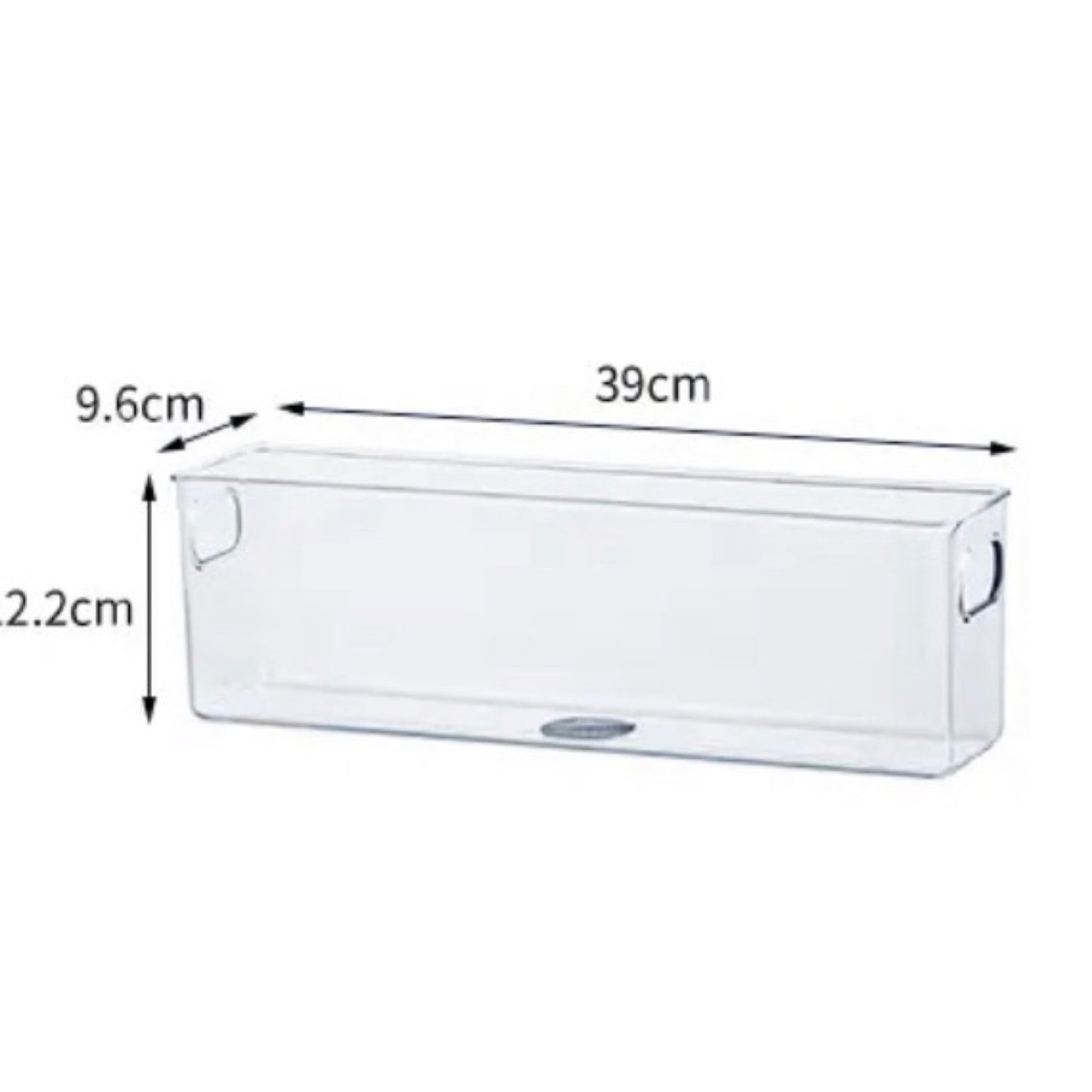 Eine technische Darstellung einer schmalen transparenten Aufbewahrungsbox. Die Abmessungen sind 39 cm in der Länge, 9,6 cm in der Breite und 12,2 cm in der Höhe. Die schmale Form eignet sich hervorragend zur platzsparenden Organisation von Gegenständen auf Regalen, in Schubladen oder Kühlschränken.