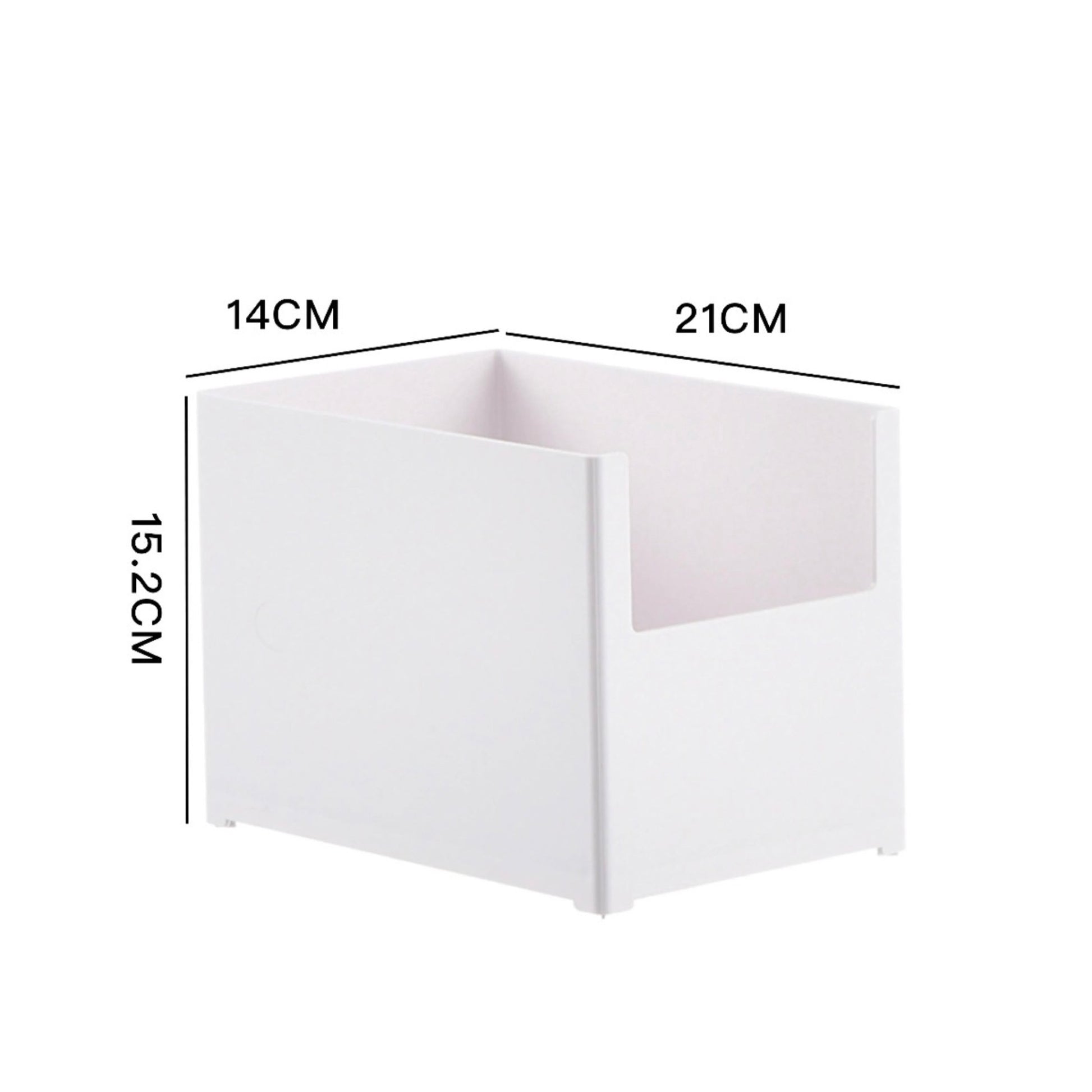 Kompakte, weiße, stapelbare Aufbewahrungsbox mit einer offenen Seite, ideal für schnellen Zugriff. Die Maße betragen 21 cm in der Tiefe, 14 cm in der Breite und 15,2 cm in der Höhe. Ihr einfaches Design passt gut in eine minimalistische oder moderne Einrichtung und hilft dabei, Ordnung zu halten.