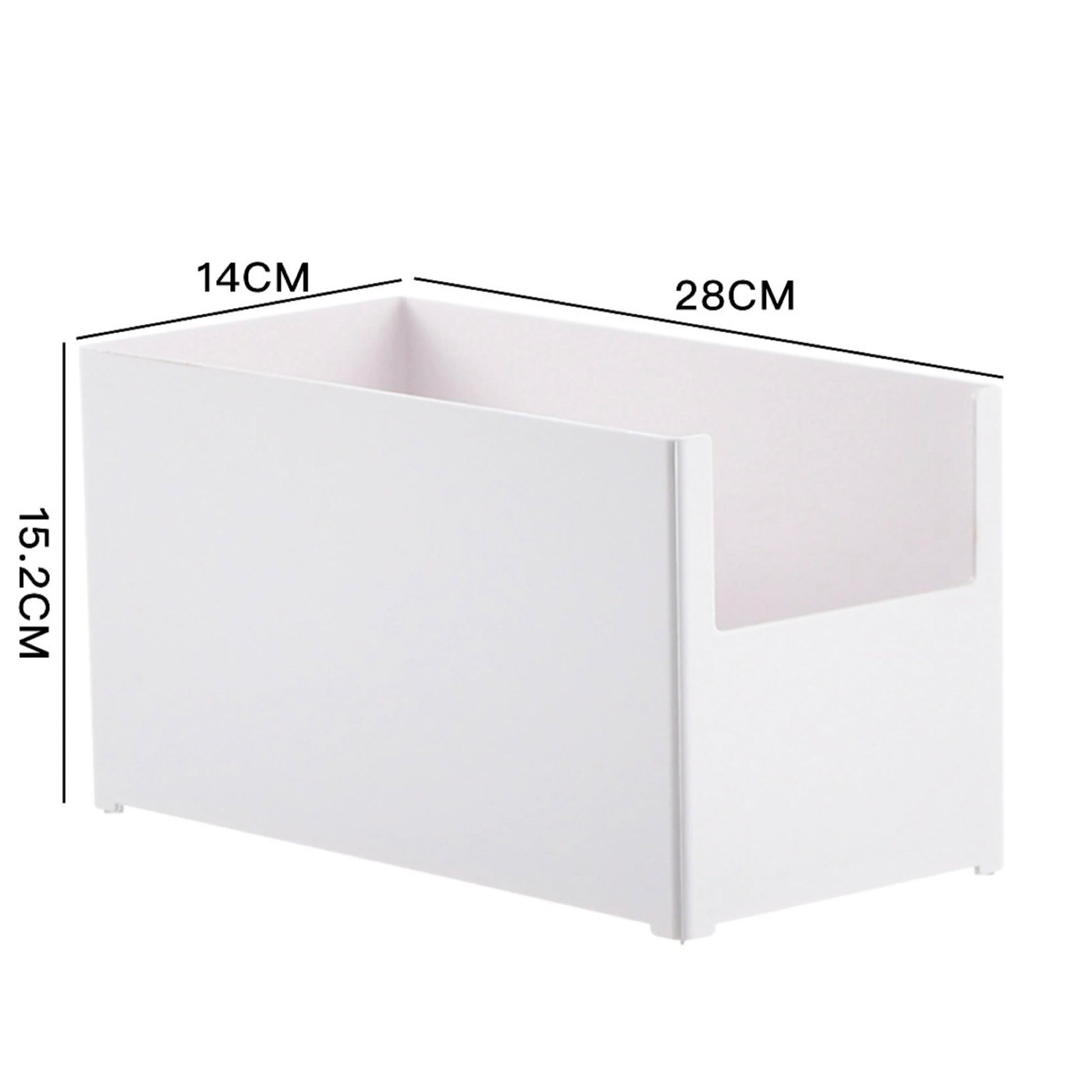 Moderne, weiße Aufbewahrungsbox mit einer halboffenen Seite und den Maßen 28 cm Länge, 14 cm Breite und 15,2 cm Höhe. Ihr Design ist minimalistisch und funktionell, geeignet für die Organisation und das ordentliche Verstauen von Gegenständen in jedem Wohnbereich.