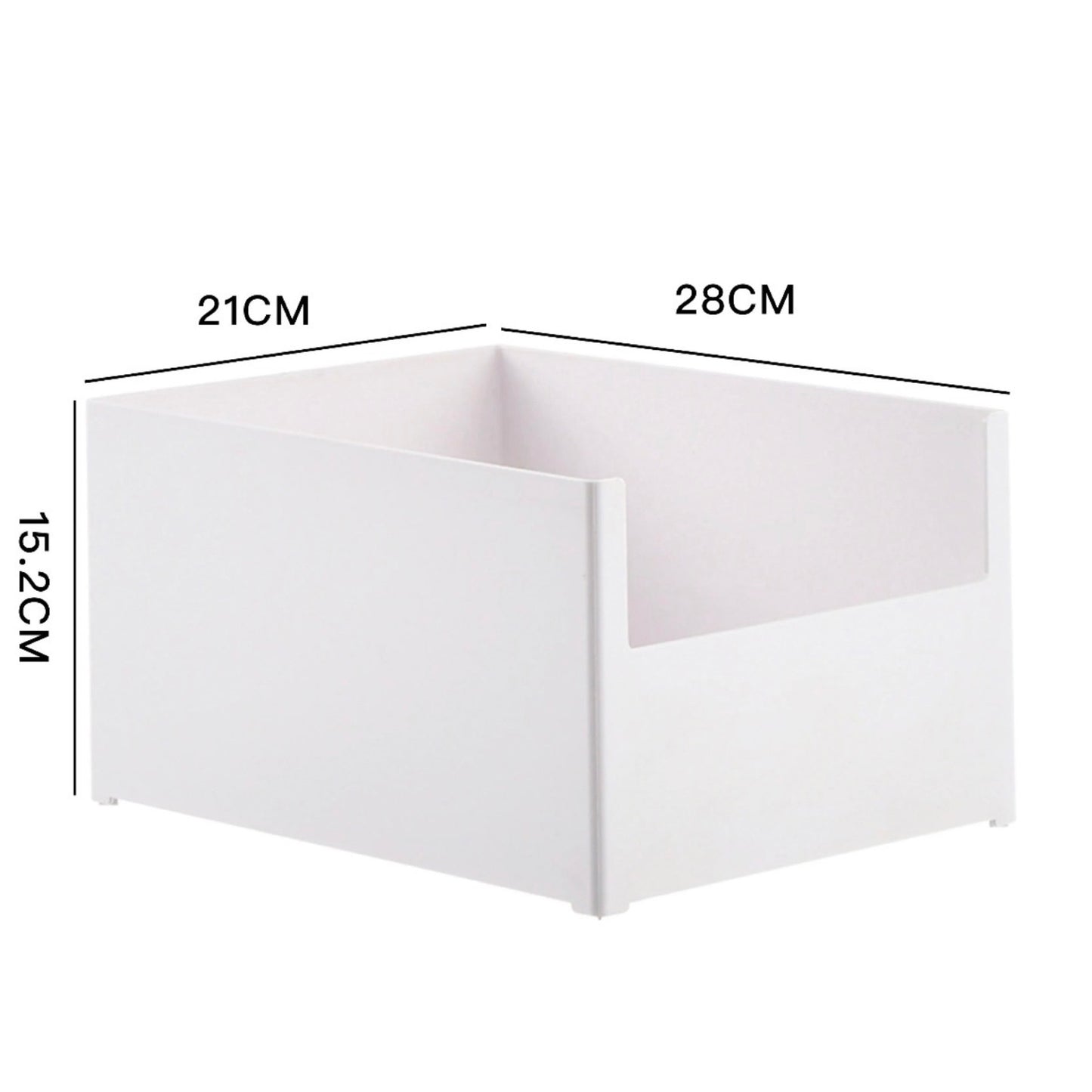 Eine leere, weiße, stapelbare Aufbewahrungsbox, die halb offen auf einer Seite ist, mit den Maßen 28 cm in der Breite, 21 cm in der Tiefe und 15,2 cm in der Höhe. Das schlichte Design eignet sich ideal für übersichtliche Lagerung in verschiedenen Bereichen des Hauses.