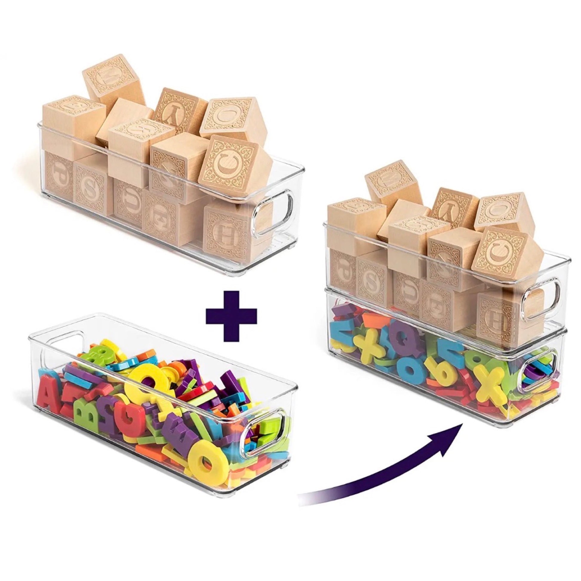 Transparente Aufbewahrungsboxen als kreative Lösung für Spielzeugorganisation. Eine Box ist gefüllt mit hölzernen Alphabet-Blöcken, eine andere mit bunten, plastischen Buchstaben und Zahlen. Die Abbildung zeigt, wie sich die Boxen stapeln lassen, was für Ordnung sorgt und gleichzeitig den Zugriff auf die Spielzeuge erleichtert. Ideal für Kinderzimmer oder Lernbereiche.