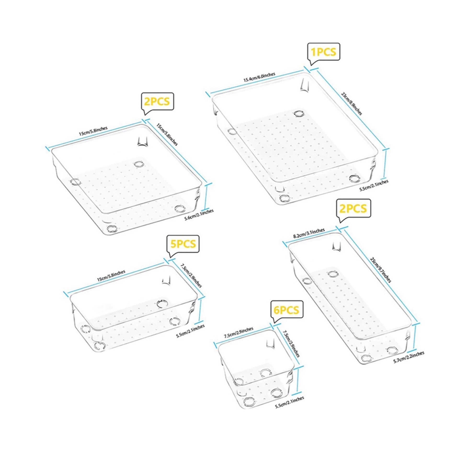 Ein Diagramm zeigt verschiedene transparente Schubladen-Organizer in sechs verschiedenen Größen und Anzahlen. Jedes Element ist genau mit Maßen in Zoll angegeben, einschließlich Länge, Breite und Höhe. Die Anzahl der Stücke reicht von 1 bis 6, und jedes Fach hat kleine Noppen an der Basis zur besseren Belüftung und Rutschfestigkeit. Ideal zur Visualisierung der verschiedenen verfügbaren Größen für unterschiedliche Aufbewahrungsbedürfnisse.