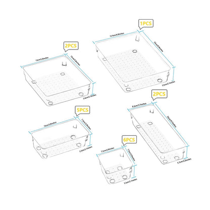 Ein Diagramm zeigt verschiedene transparente Schubladen-Organizer in sechs verschiedenen Größen und Anzahlen. Jedes Element ist genau mit Maßen in Zoll angegeben, einschließlich Länge, Breite und Höhe. Die Anzahl der Stücke reicht von 1 bis 6, und jedes Fach hat kleine Noppen an der Basis zur besseren Belüftung und Rutschfestigkeit. Ideal zur Visualisierung der verschiedenen verfügbaren Größen für unterschiedliche Aufbewahrungsbedürfnisse.
