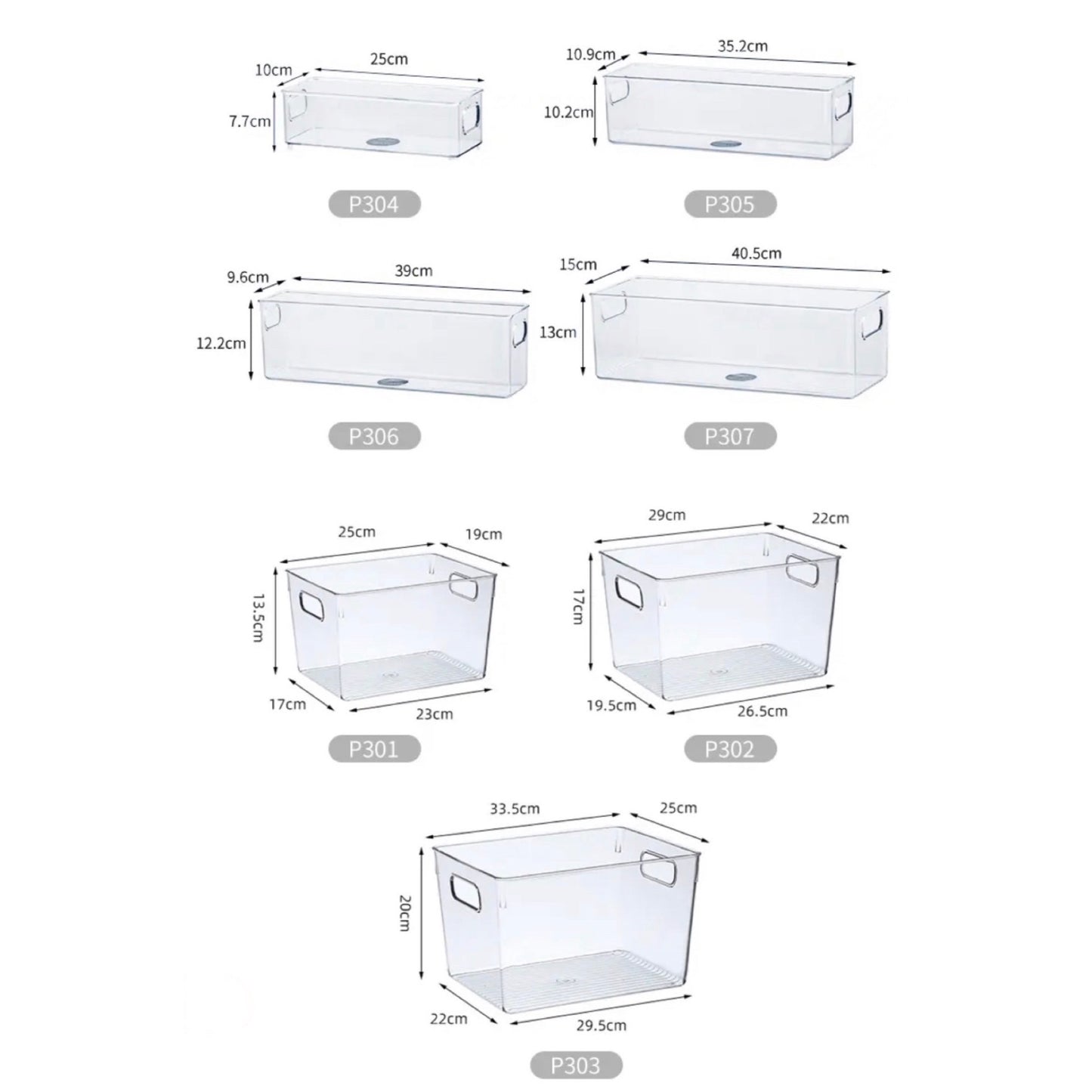 Technische Zeichnungen von sieben verschiedenen Modellen transparenter Aufbewahrungsboxen mit Maßangaben. Die Modelle reichen von länglichen Boxen für schmale Räume bis hin zu größeren, quaderförmigen Behältern. Jedes Modell verfügt über Griffe und ist für die Verwendung in verschiedenen Räumlichkeiten wie Küche, Badezimmer oder Büro konzipiert.
