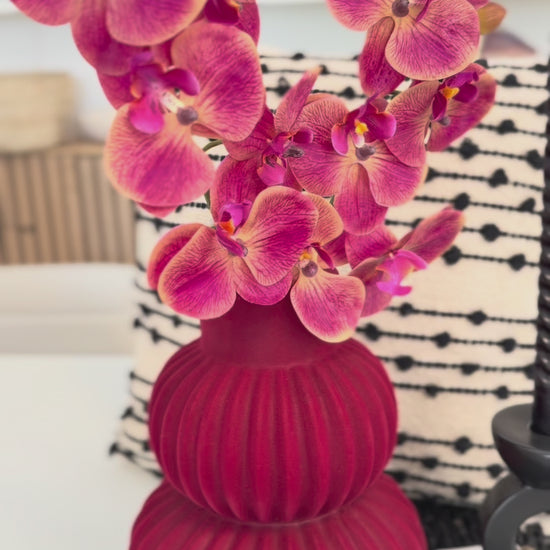 Video die zeigt rote bauchige vase mit Rote Orhudeen,neben hat schwarze Krzenständer und hunten ein schwarz-weiss Kissen.Video zeigt diese arangiment aus verschiedene winkeln