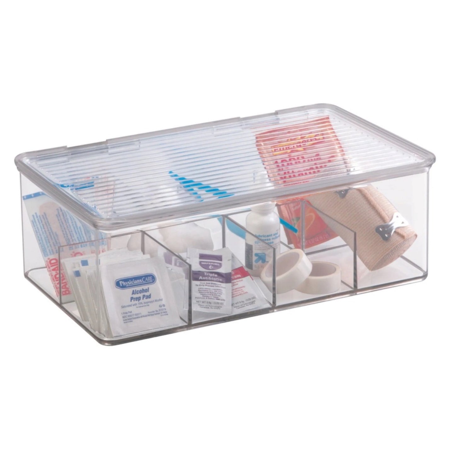 Transparente, fachunterteilte Aufbewahrungsbox gefüllt mit medizinischen Bedarfsartikeln wie Bandagen, Alkoholtupfern und Medikamenten. Die Box ist mit einem klaren Deckel verschlossen, um die Gegenstände sauber und organisiert zu halten, ideal für eine übersichtliche Hausapotheke.