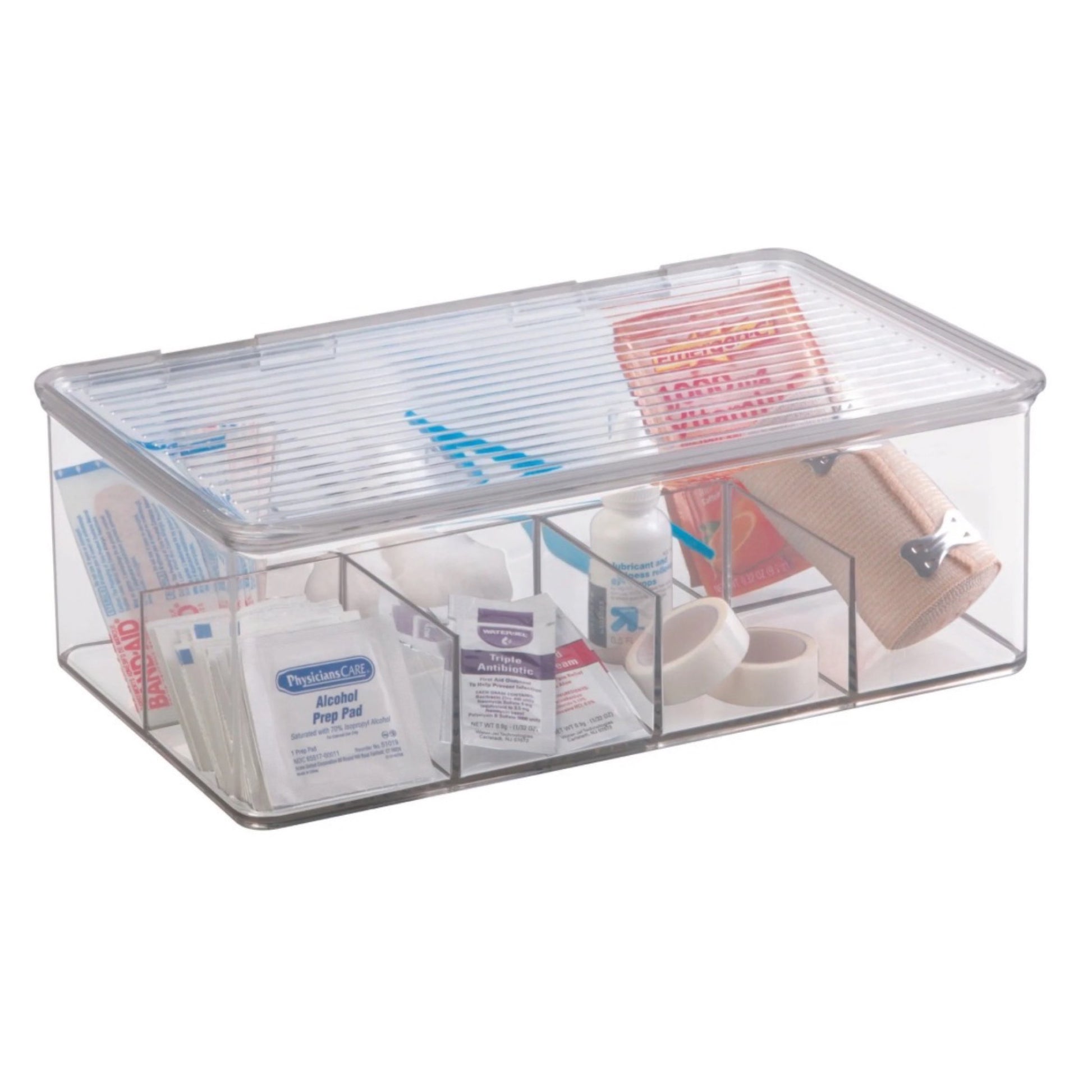 Transparente, fachunterteilte Aufbewahrungsbox gefüllt mit medizinischen Bedarfsartikeln wie Bandagen, Alkoholtupfern und Medikamenten. Die Box ist mit einem klaren Deckel verschlossen, um die Gegenstände sauber und organisiert zu halten, ideal für eine übersichtliche Hausapotheke.